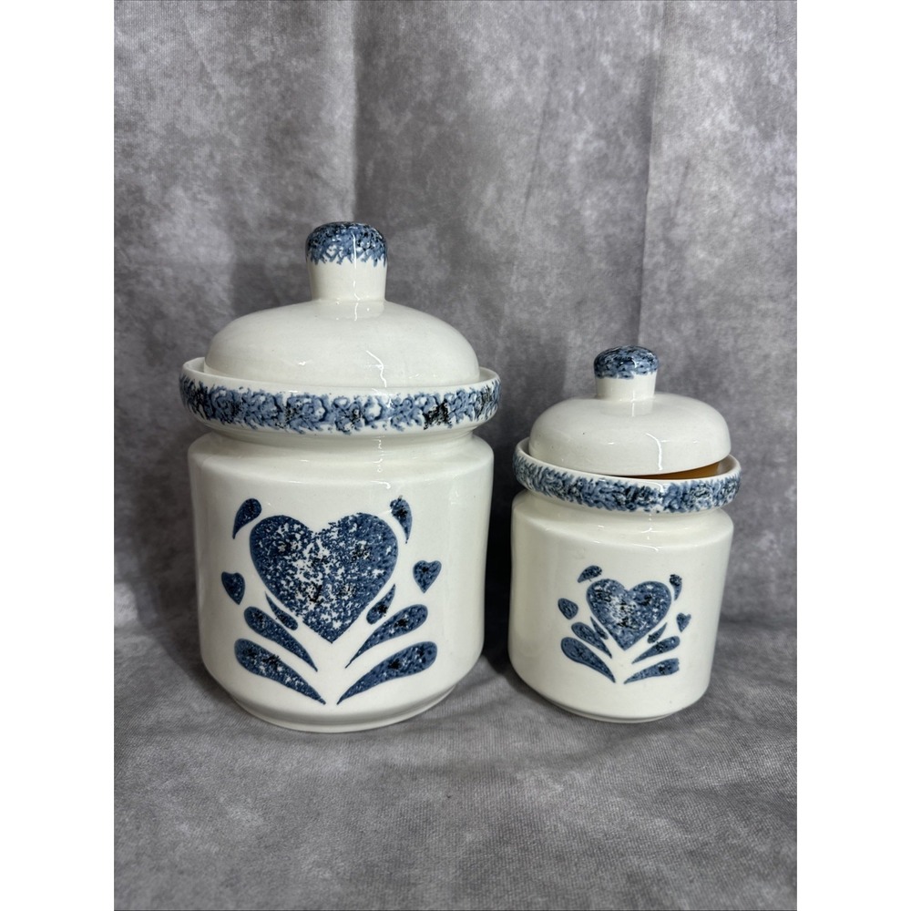 1990s Ceramic Blue Heart Jars Kitchen Gibson 9" 7.5"